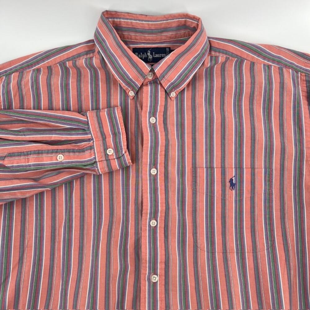 VTG Polo Ralph Lauren Button Down Shirt Mens XL Cotton Orange Striped 90s Preppy